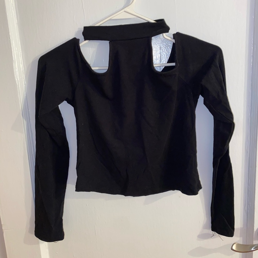 Black off the shoulder long sleeve halter top